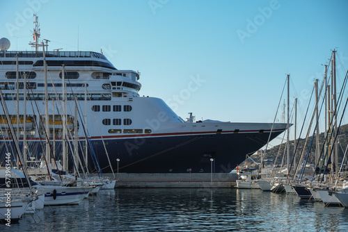 Classic luxury cruiseship cruise ship liner Borealis in port of Cartagena, Spain during summer Mediterranean cruising with blue sky