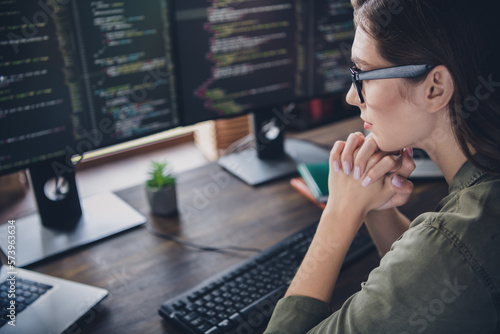 Cuadro en lienzo Cropped photo of successful confident concentrated focused lady hacker think cha