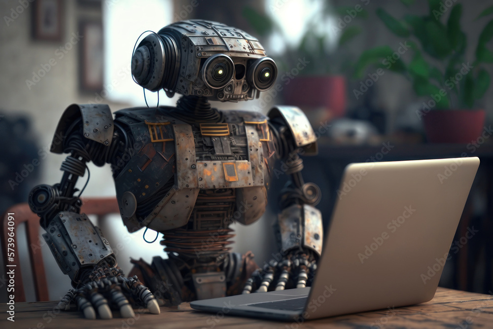 Robot and laptop. AI generative. Robot and laptop. AI generative.