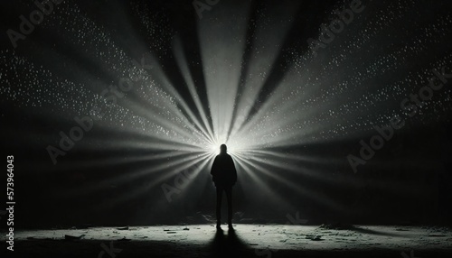 A person standing in the middle of a dark room with a light shining through it volumetric light a black and white photo video art