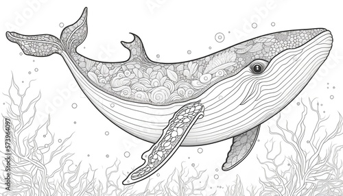 a cute coloring book for children that is still black and white, but waiting for colors and then it will become a wonderful colorful whale