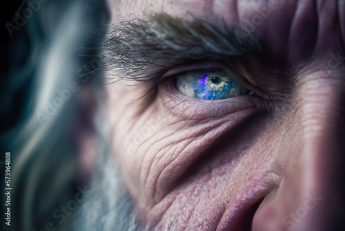 Macro closeup of a wizard druid purple glowing eye, iris, pupil, eye lashes, eye lids and wrinkles on the skin. Fantasy concept.