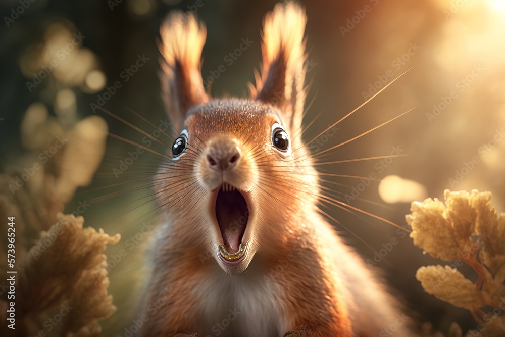 A squirrel is screaming in the woods with its mouth open and it's mouth