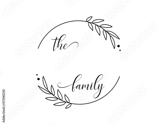 Hand lettering Family name monogram split monogram the family welcome home sign wedding floral ornament wreath border frame greeting card invitation