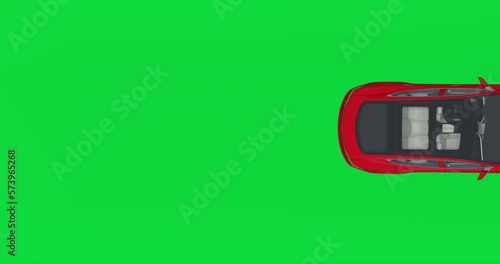 Red Car moving from Left To Right, Sports Car Top View, Bird eye view isolated on Green Screen Background 4K