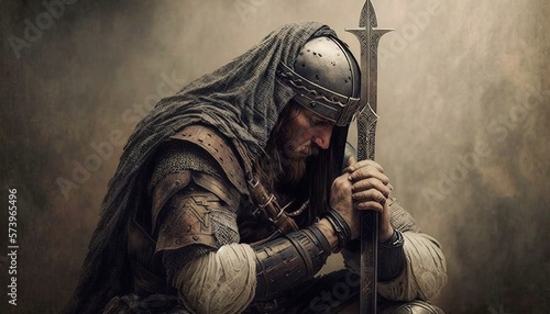 Fotografiet A man in a medieval outfit holding a sword and kneeling down with his hands on h