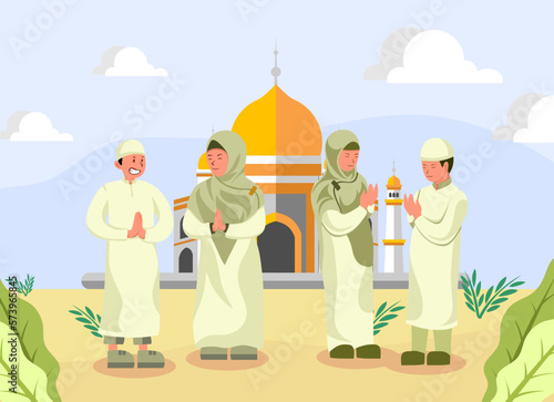 Flat Design Illustration of a Child Apologizing to His Mother in Front of a Mosque