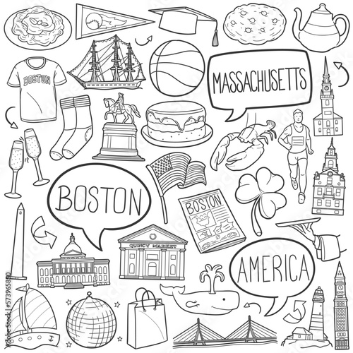 Boston, MA, USA Doodle Icons. Hand Made Line Art. Massachusetts City Clipart Logotype Symbol Design.
