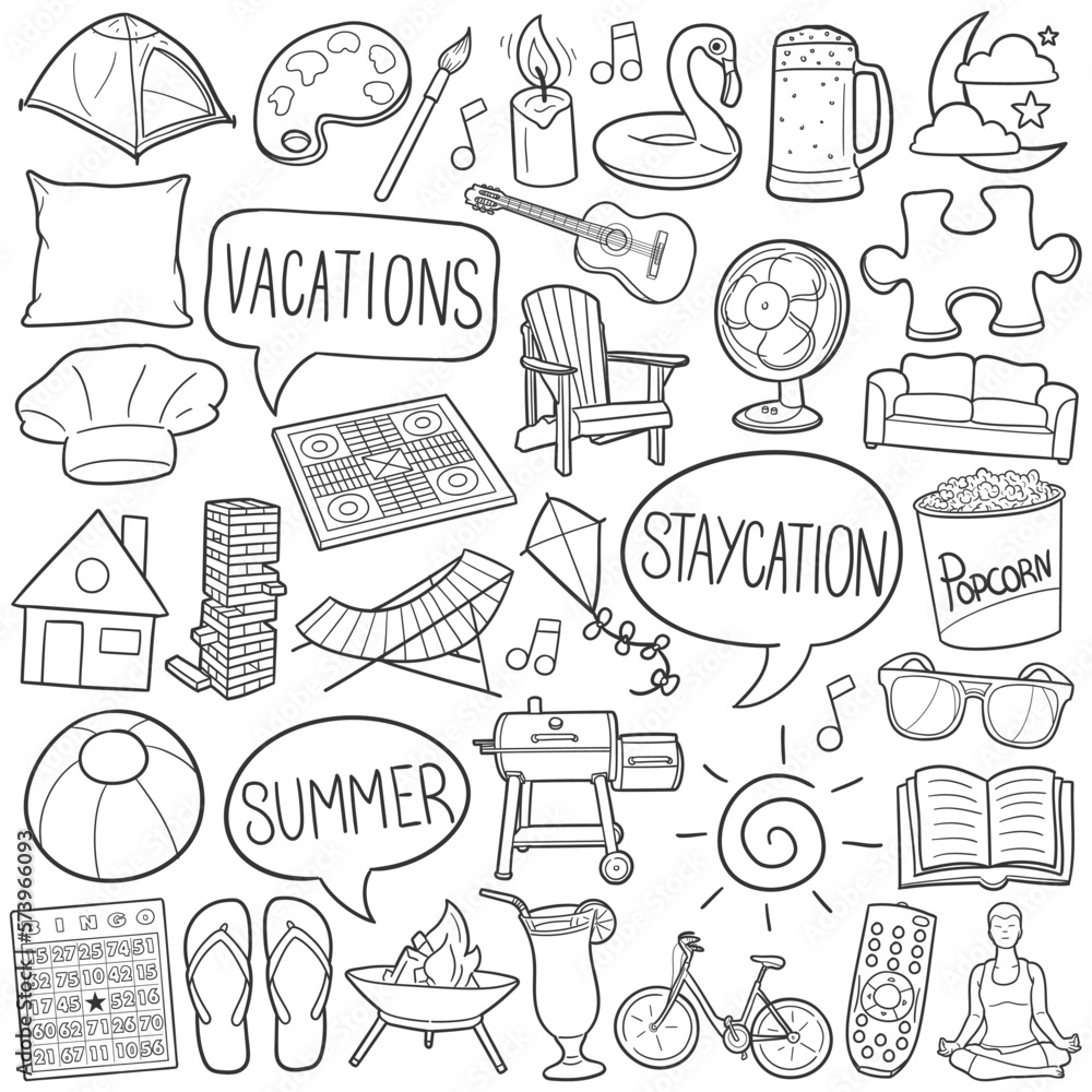Staycation Doodle Icons. Hand Made Line Art. Home Vacations Clipart Logotype Symbol Design.