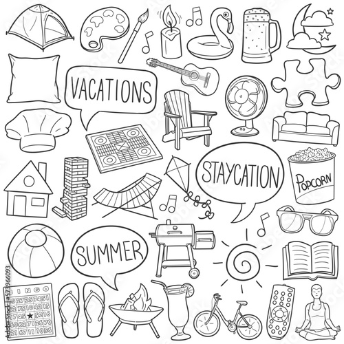 Staycation Doodle Icons. Hand Made Line Art. Home Vacations Clipart Logotype Symbol Design.