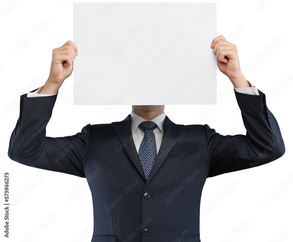 Businessman Holding a Blank Page in Front of his Face Businessman Holding a Blank Page in Front of his Face