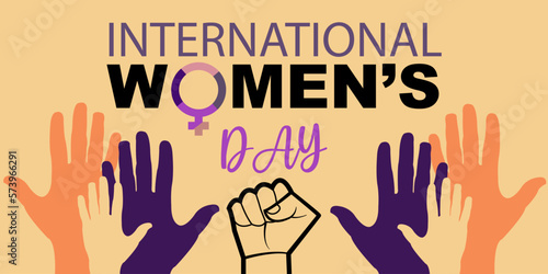 International Womens Day banner poster. The movement for women's rights. feminism activists Struggle for women rights of freedom, independence and equality. Fist bump clenched power and conflict.