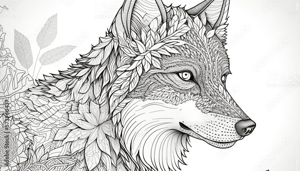 Fototapeta premium a cute coloring book for children that is still black and white, but waiting for colors and then it will become a wonderful colorful wolf