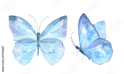 A set of delicate cute blue butterflies. Watercolor illustration isolated objects on a white background. For decoration, design of romantic, wedding events, textiles, postcards, card making. © Brelena