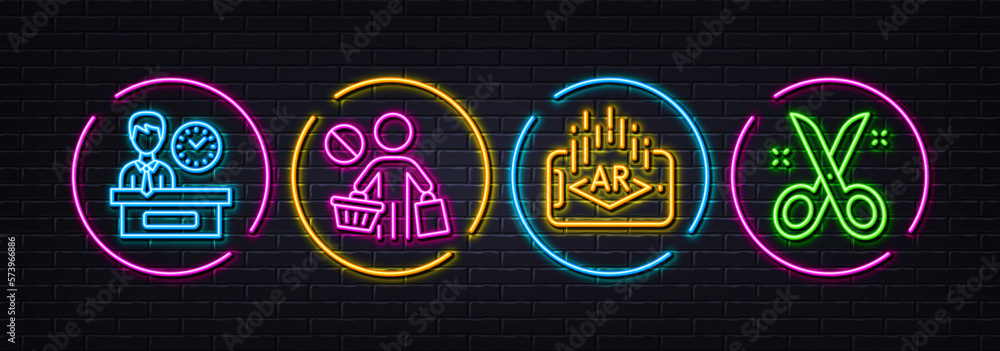 Augmented reality, Presentation time and Stop shopping minimal line icons. Neon laser 3d lights. Scissors icons. For web, application, printing. Phone simulation, Report, No buying. Vector