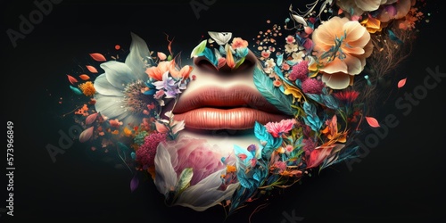 Schöne Lippen mit Blumen auf schwarzem Hintergrund, Generative AI  photo