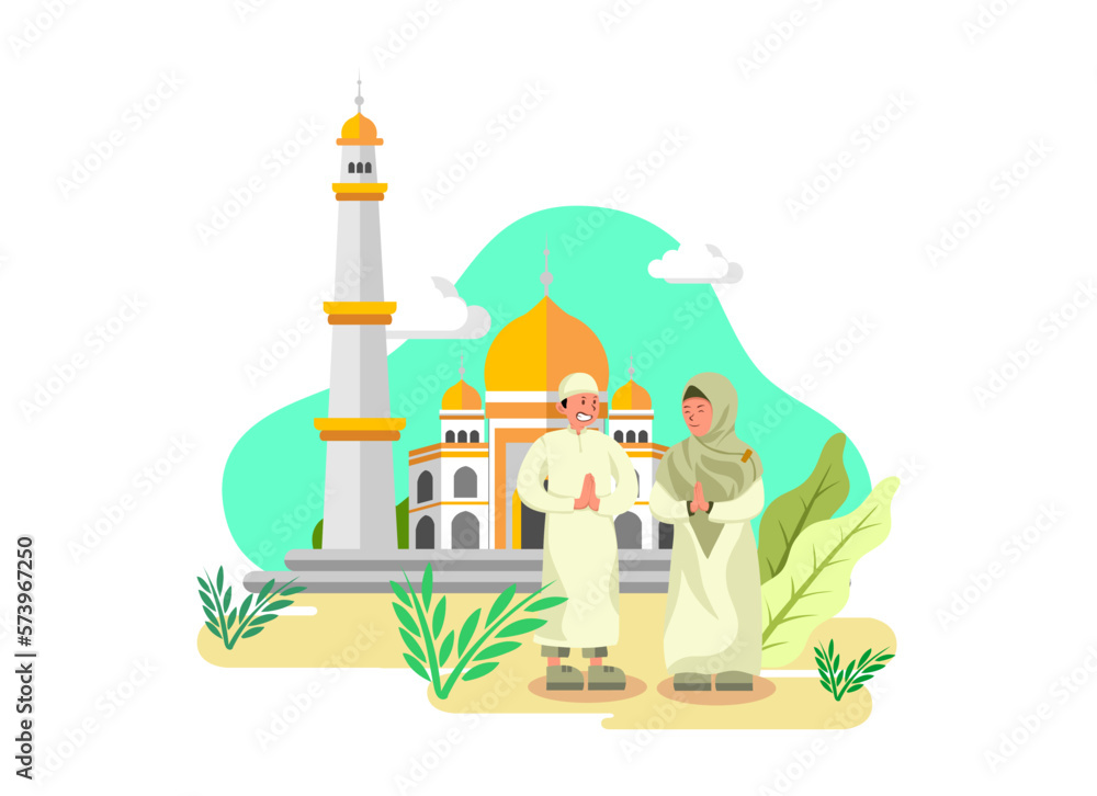 Flat Design Illustration of a kids Apologizing to His Mother in Front of a Mosque