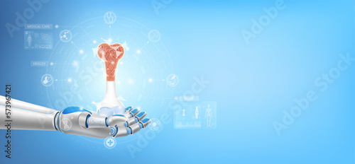 Bone structure float away from in robot hand. Futuristic medical cybernetic robotics technology. Innovation artificial intelligence robot assist care health. With copy space for text. 3D Vector.