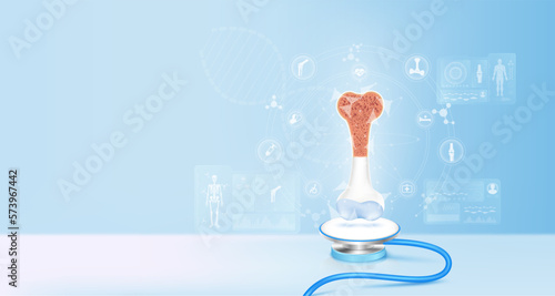 Bone disc joint healthy cartilage float away from stethoscope. Image virtual hologram on screen computer. Doctor diagnose digital data record. Electronic medical technology innovation. 3d Vector.