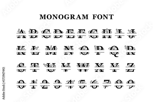 Monogram split font alphabet letters and numbers typography lettering modern fonts logo text typeface vector illustration