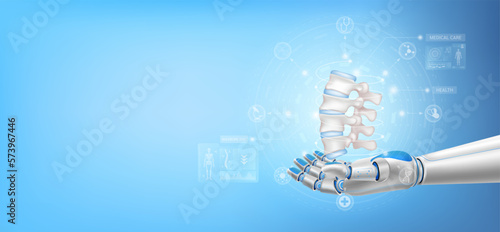 Spine bone disc float away from in robot hand. Futuristic medical cybernetic robotics technology. Innovation artificial intelligence robot assist care health. With copy space for text. 3D Vector.