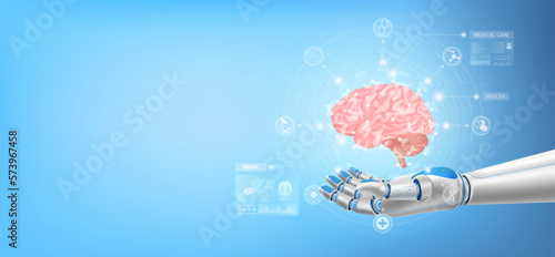 Brain float away from in robot hand. Futuristic medical cybernetic robotics technology. Innovation artificial intelligence robot assist care health. With copy space for text. Realistic 3D Vector.