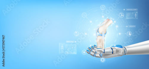 Bone joint cartilage float away from in robot hand. Futuristic medical cybernetic robotics technology. Innovation artificial intelligence robot assist care health. With copy space for text. 3D Vector.