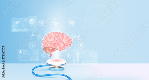Brain float away from stethoscope. Medical icons Image virtual hologram on screen computer. Doctor diagnose digital data record. Electronic medical technology innovation. 3d Vector.