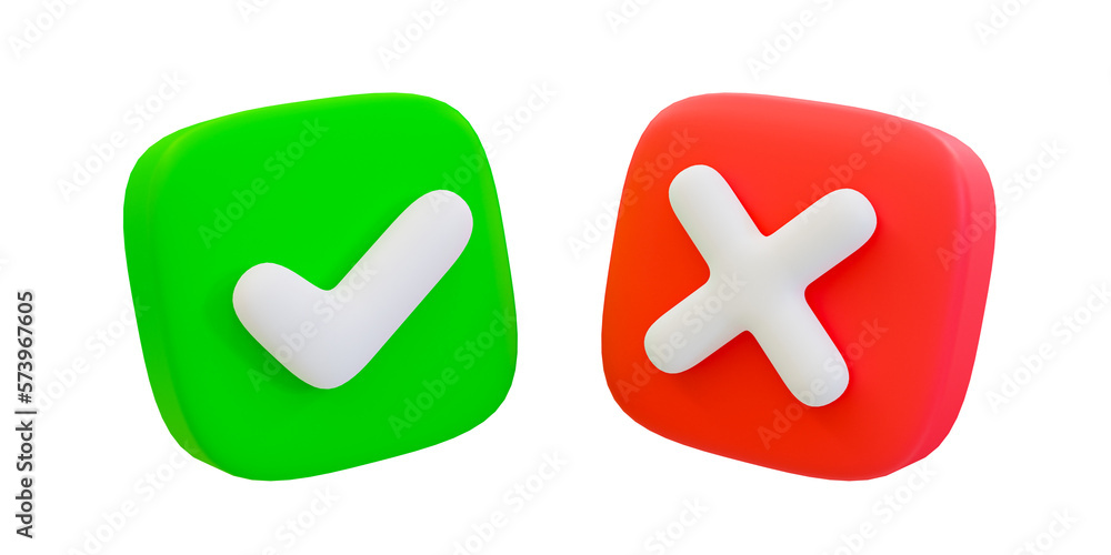 3d minimal Green tick check mark and cross mark symbols. yes and no, rejected and approved. correct sign and wrong sign, 3d illustration. - obrazy, fototapety, plakaty 