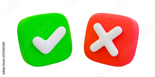 3d minimal Green tick check mark and cross mark symbols. yes and no, rejected and approved. correct sign and wrong sign, 3d illustration.