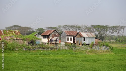 Landscape view of traditional tin-wood village houses next to green fields at Munshiganj District, Dhaka. Rural village beauty of Bangladesh. photo