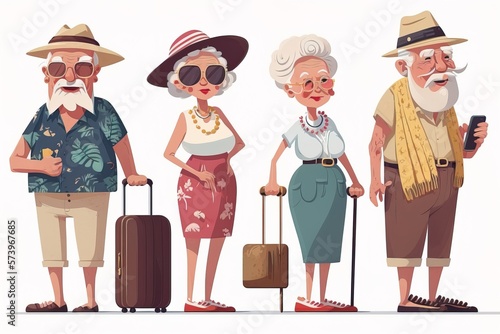 A group of elderly people with luggage and a cell phone in their hands standing next to each other editorial illustration a storybook illustration incoherents photo