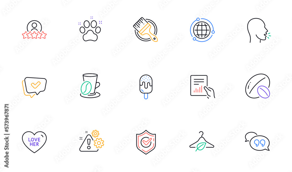 Soy nut, Brush and Human rating line icons for website, printing. Collection of Confirmed, Love her, Ice cream icons. Quote bubble, Approved, Document web elements. Slow fashion, Globe. Vector