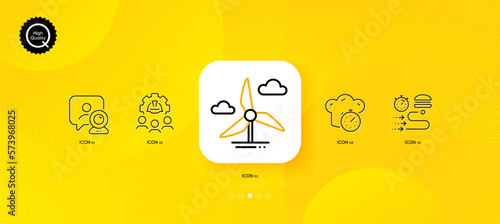 Windmill turbine, Food delivery and Video conference minimal line icons. Yellow abstract background. Engineering team, Cooking timer icons. For web, application, printing. Vector