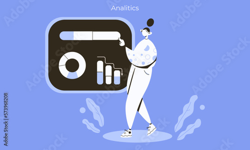 Vector flat business analytics person illustration. Office worker, analitic, IT, brocker, seo, web developer presentation. Concept of stock analitics, consulting. Design element for banner, poster photo