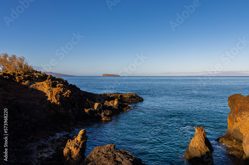 Rocky Coastline With Molikini and Kaho'olawe, Puu Olai Cinder Cone Hiking Trail, Maui, Hawaii, USA photo