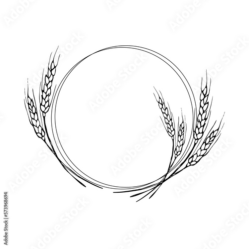  Wreath frame from ears of wheat.A bunch of ears of wheat,dried whole grains.Cereal harvest,agriculture,organic farming,healthy food symbol.Ears of wheat hand drawn.Design element. Isolated background