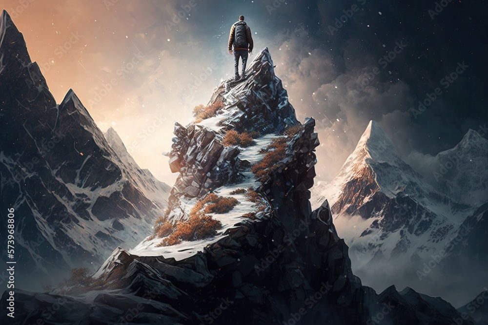 A man standing on top of a mountain with a sky background and stars ...