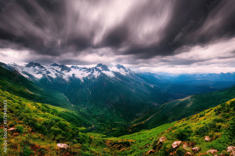 Fototapeta premium Foggy mountains with snowy peaks with lush forest and dark looming clouds, created with Generative AI technology