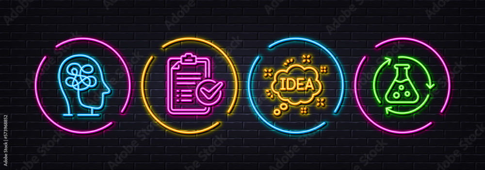 Idea, Stress and Survey checklist minimal line icons. Neon laser 3d lights. Chemistry experiment icons. For web, application, printing. Creative message, Mind anxiety, Report. Laboratory flask. Vector