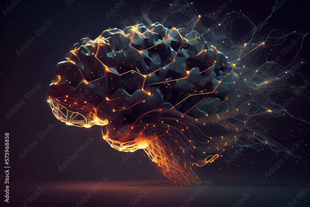A computer generated image of a human brain with glowing lines and dots ...