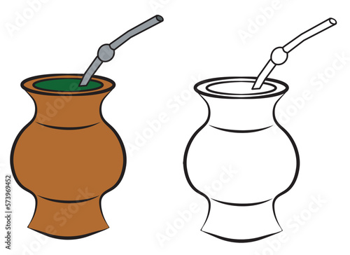 Bowl of chimarrão or Mate. It is a drink produced by infusing the ground yerba mate plant in hot water in a gourd with a pump. Vector illustration.