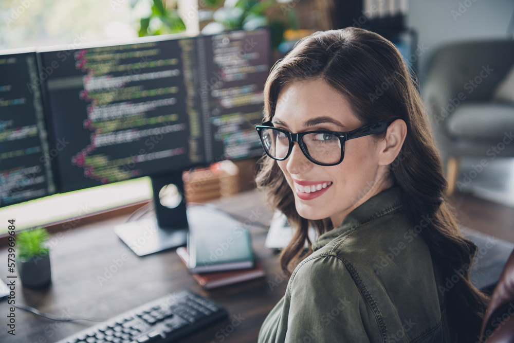 Photo of charming joyful lady sitting table rejoice hacked system russian site get useful information indoor room workstation Photo of charming joyful lady sitting table rejoice hacked system russian site get useful information indoor room workstation