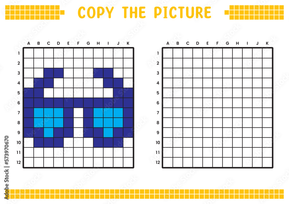 Fototapeta premium Copy the picture, complete the grid image. Educational worksheets drawing with squares, coloring areas. Preschool activities, children's games. Cartoon vector illustration, pixel art. Blue glasses.