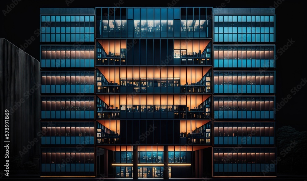  a very tall building with many windows lit up at night.  generative ai