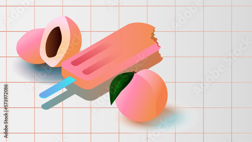 Banner with peach popsicle ice cream on a stick and pink peaches whole and cut. Vector graphics.