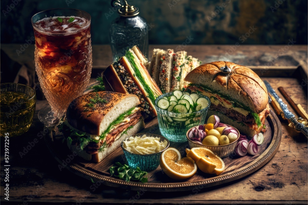 rustic food art grilled chicken burger  with vegetables and sides, drinks