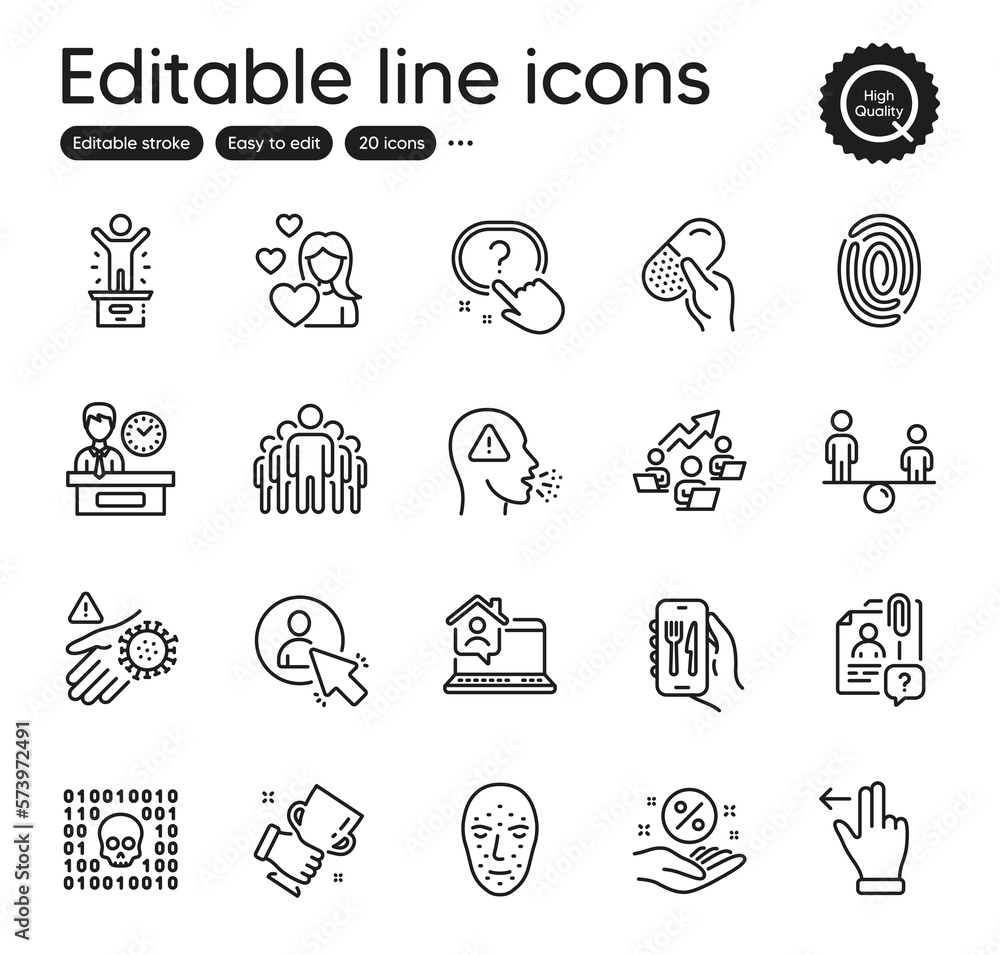 Set of People outline icons. Contains icons as Group, Cough and Binary code elements. Face biometrics, Teamwork chart, Fingerprint web signs. Equity, Winner cup, Loan percent elements. Vector