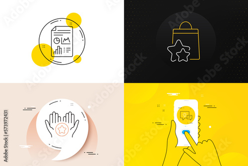 Minimal set of Loyalty points, Idea lamp and Favorite line icons. Phone screen, Quote banners. Report document icons. For web development. Bonus bags, Business energy, Best rating. Vector