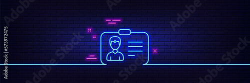 Neon light glow effect. ID card line icon. User Profile sign. Male Person silhouette symbol. Identification plastic card. 3d line neon glow icon. Brick wall banner. Identification card outline. Vector